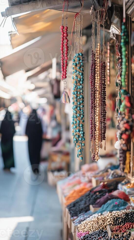 Traditional market scene with colorful prayer beads photo