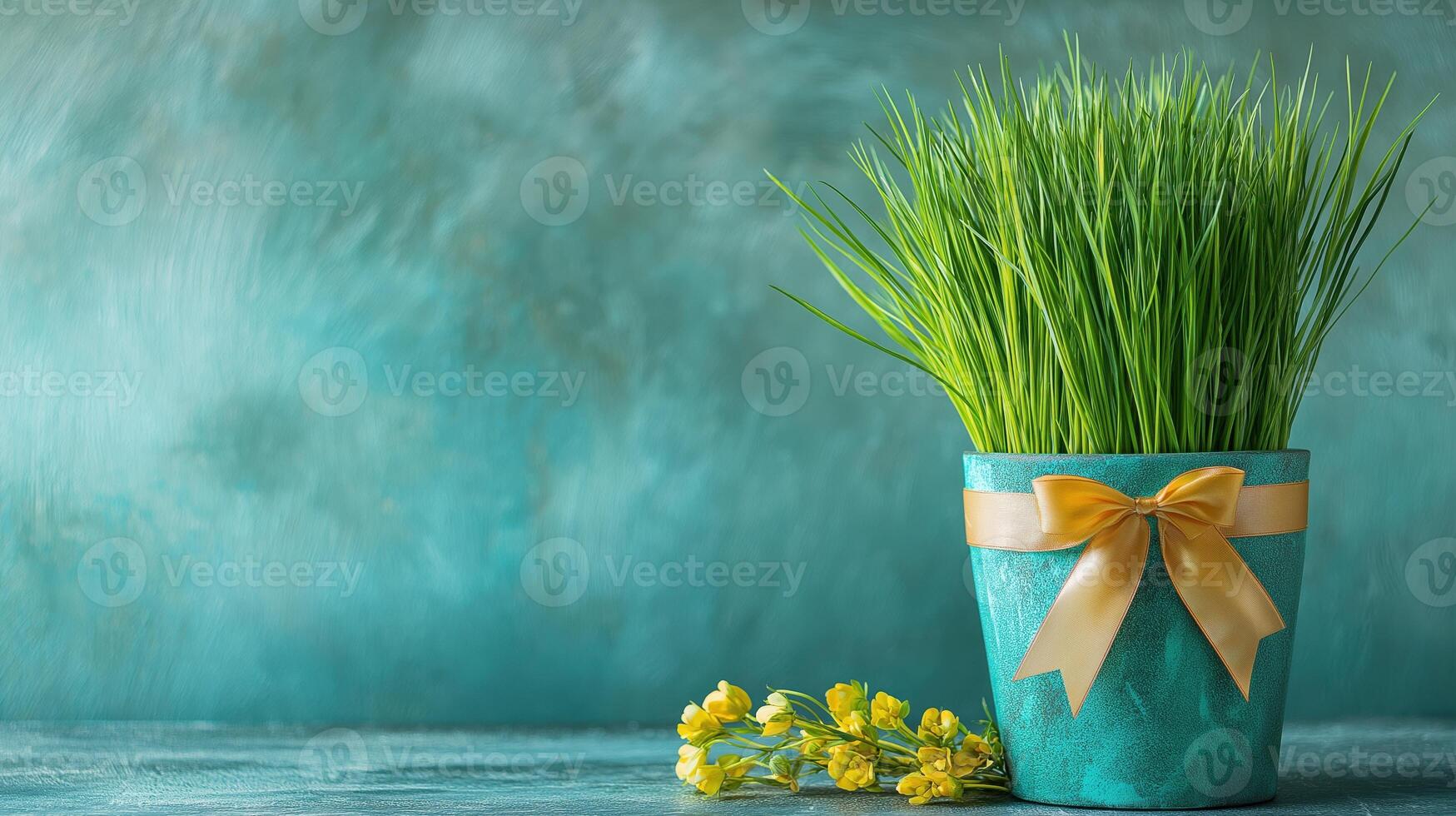 Green grass in a turquoise pot adorned with a golden ribbon bow, placed beside small yellow flowers on a textured background, symbolizing spring and renewal. Spring holiday banner with copy space photo