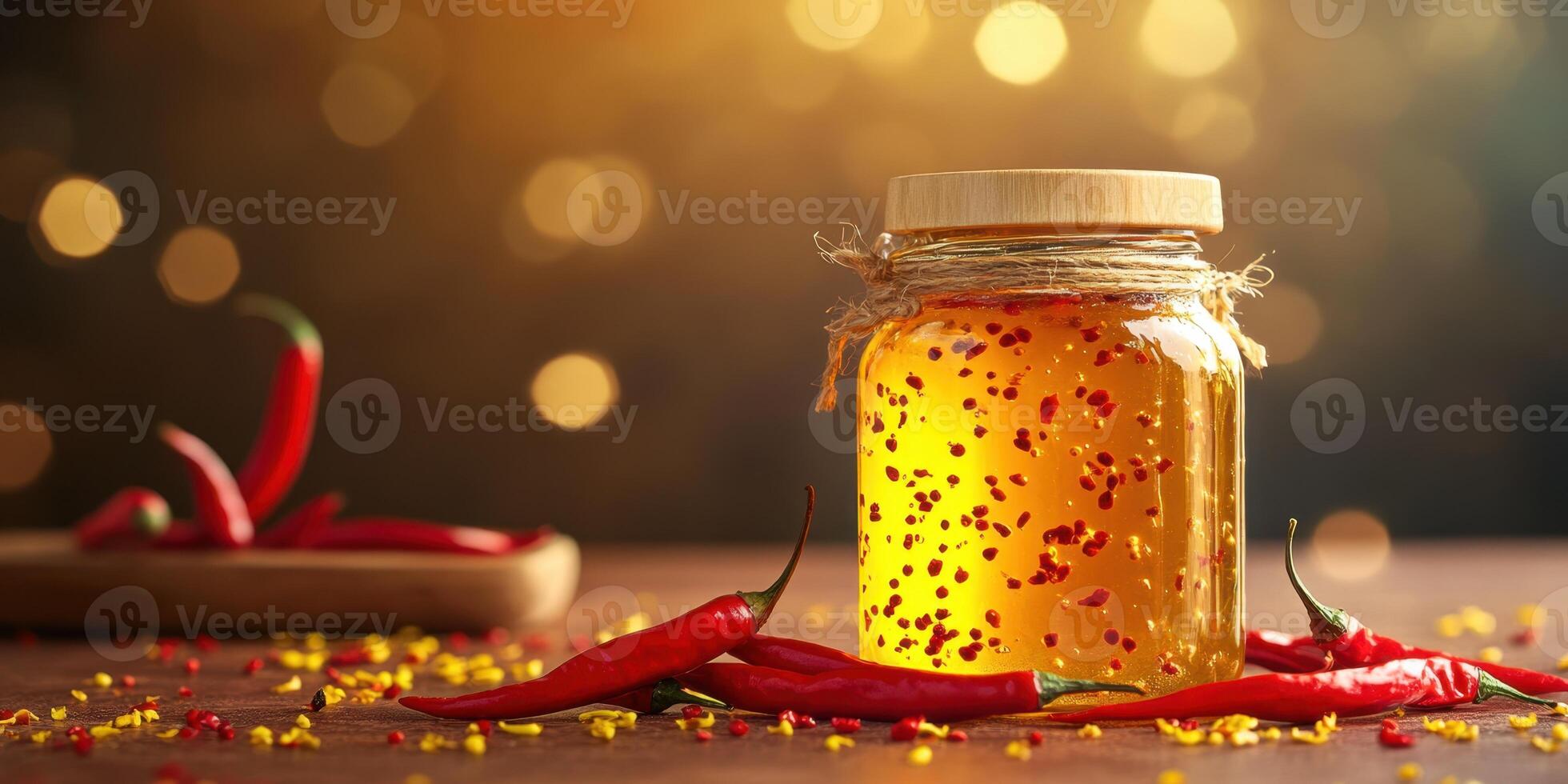 Rustic jar of red chili infused honey photo