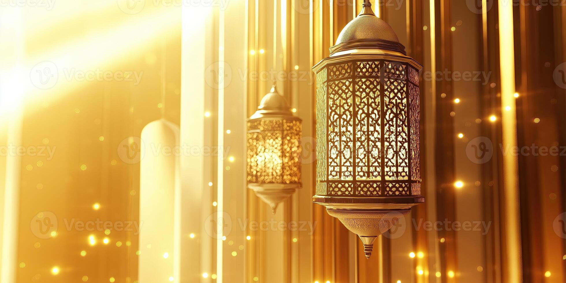 Golden Islamic lanterns with intricate patterns, glowing warmly amidst a radiant golden background with sparkling light accents. Spring religious banner with copy space photo