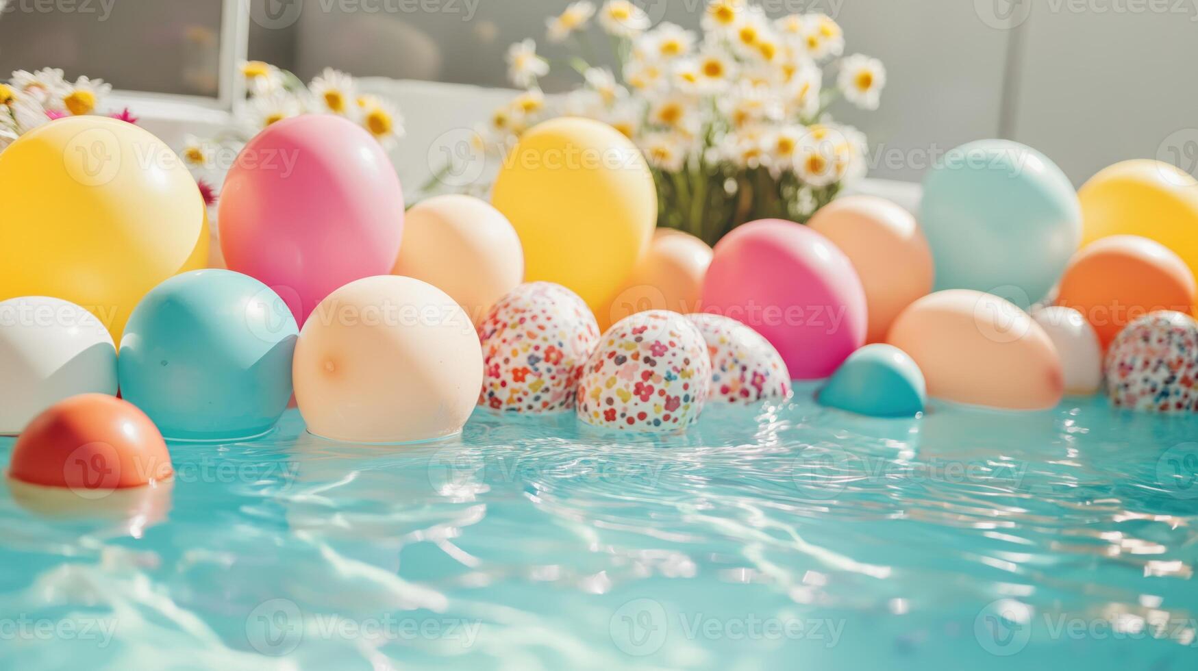 A festive poolside scene with colorful balloons photo