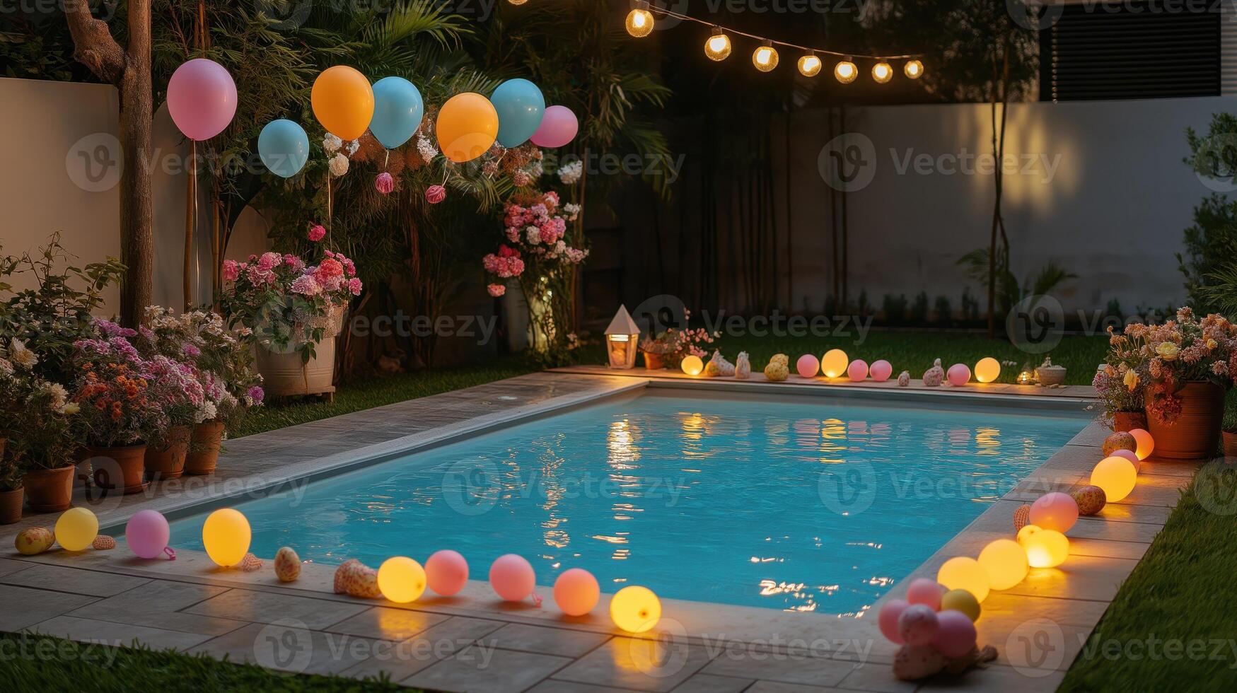 Beautifully decorated poolside with colorful balloons, string lights, and potted flowers creating a festive and serene evening ambiance. Spring holiday pool party photo