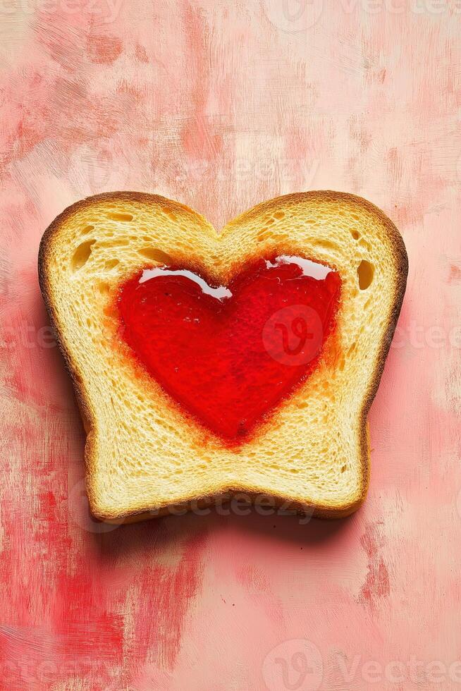 Slice of toast with a heart shaped spread of vibrant red jam, placed on a textured pink background, symbolizing love and comfort food. photo