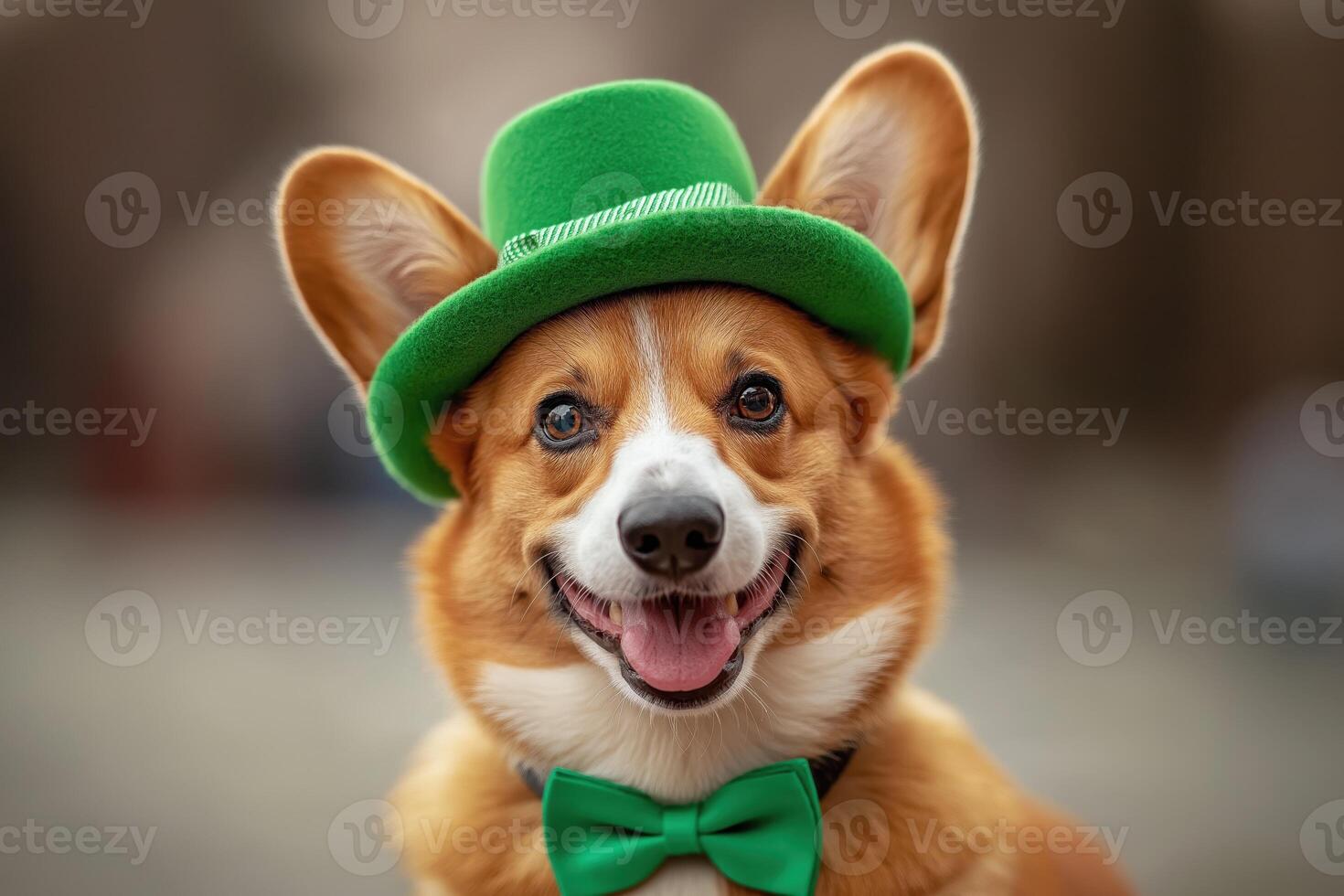 Adorable red corgi wearing a bright green hat photo