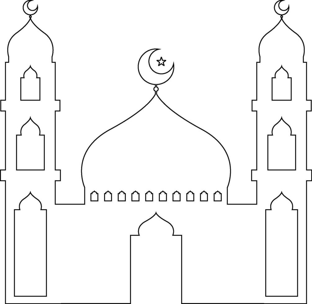 Black Outline Small Mosque with Crescent Star on Top of Dome and Detailed Window and Door vector