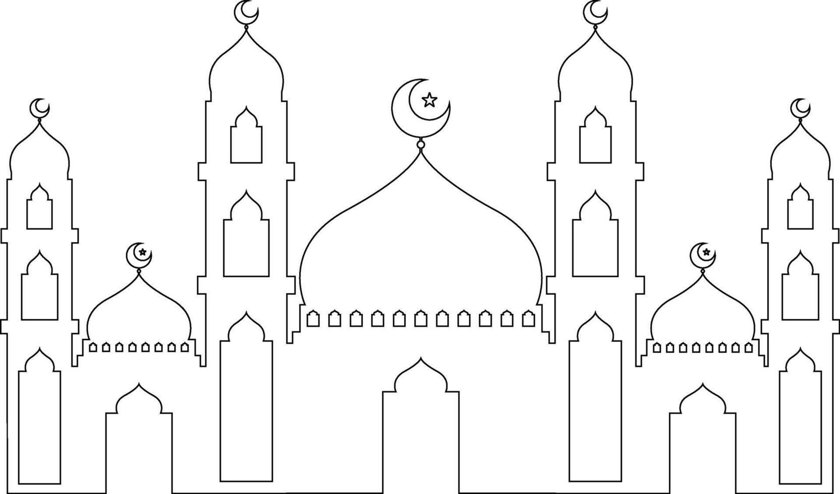 Black Outline Big Mosque with Crescent Star on Top of Dome and Detailed Window and Door vector