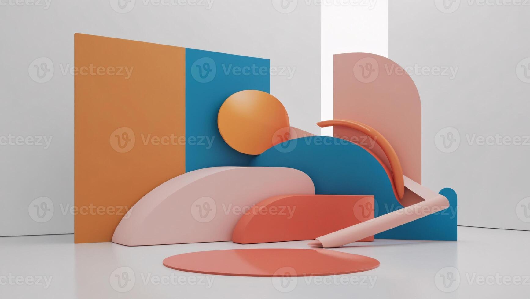 Abstract Geometric 3D Composition with Orange Pink and Teal Shapes photo