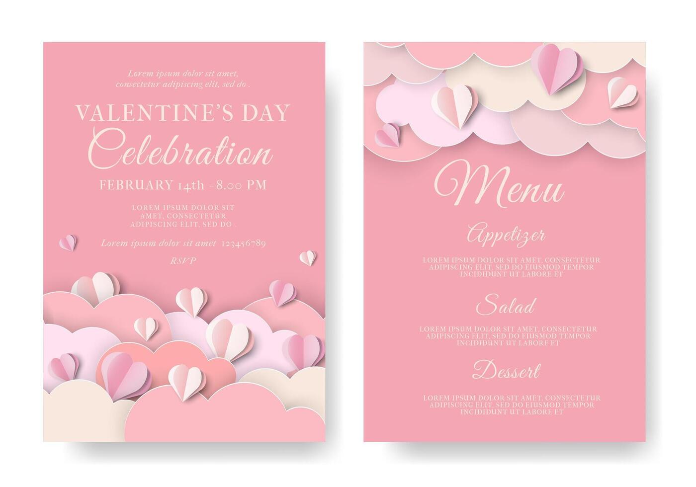 Valentine's Day Paper Cut Invitation and Menu Card. 3d Paper Hearts, Clouds with Frame. Modern Cute Love Banner, Voucher, Brochure, Greeting card or Sale Template. Illustration. Place for text vector