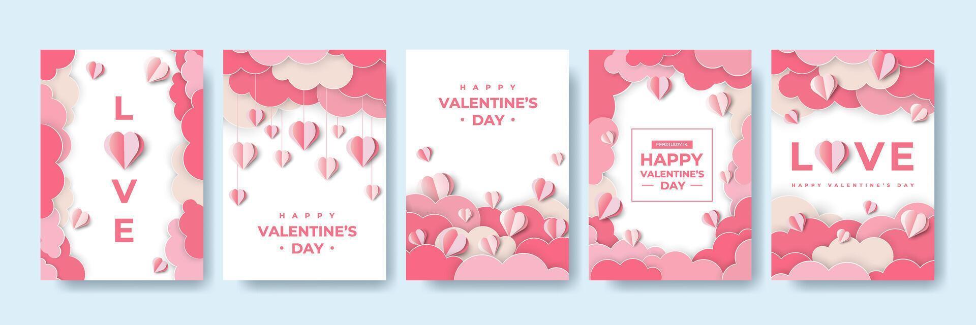 Modern Happy Valentine's Day Paper Cut Posters set. 3D Paper Hearts, Clouds with Frame. Cute Love Banner, Voucher, Brochure, Greeting card or Sale Template. Trendy Illustration. Place for text. vector
