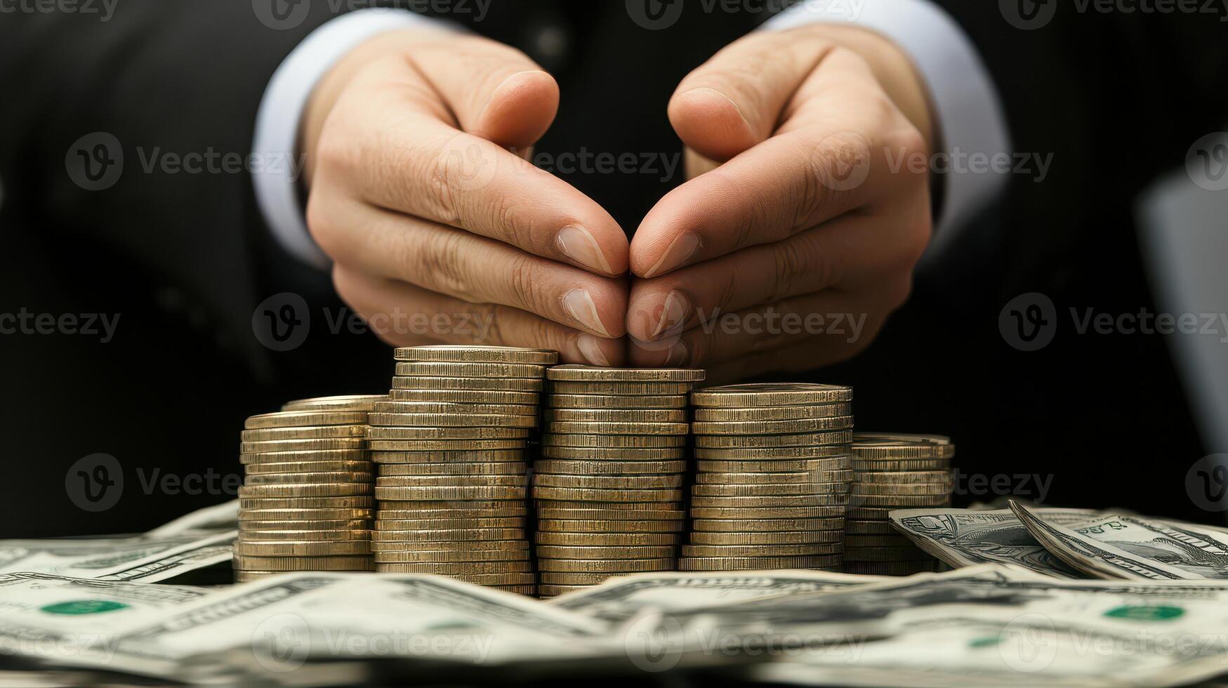 A man in a suit is holding stacks of money photo