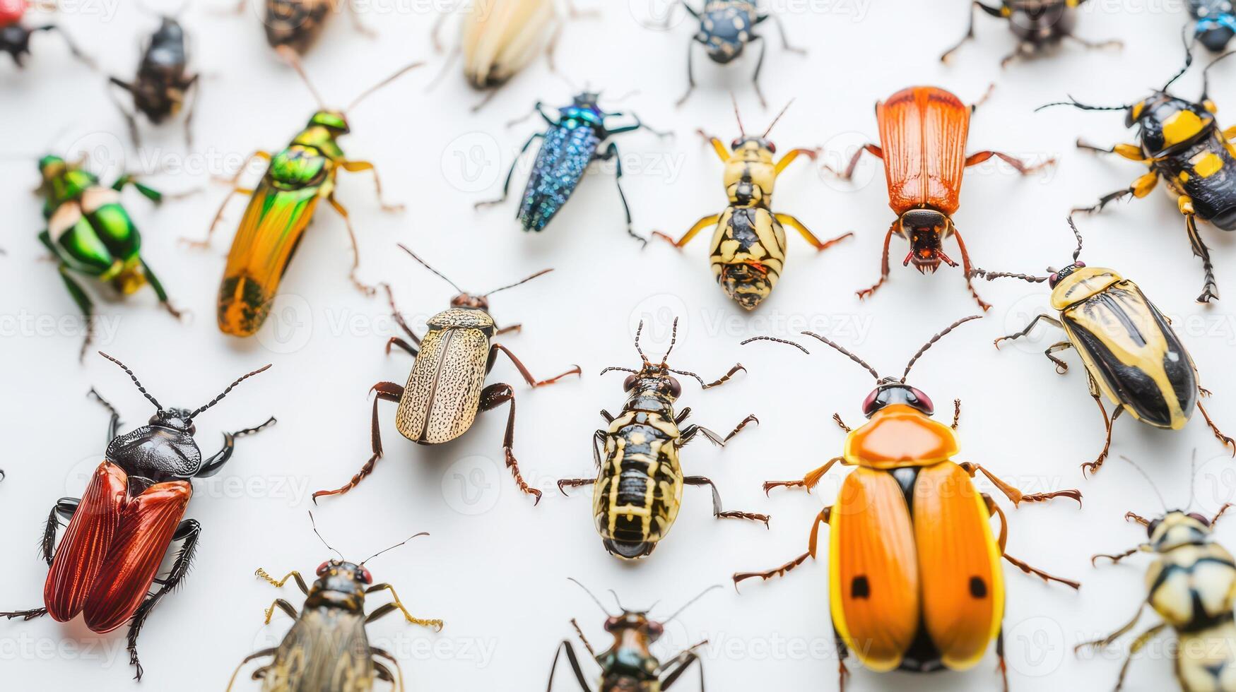A group of different insects on a white surface photo