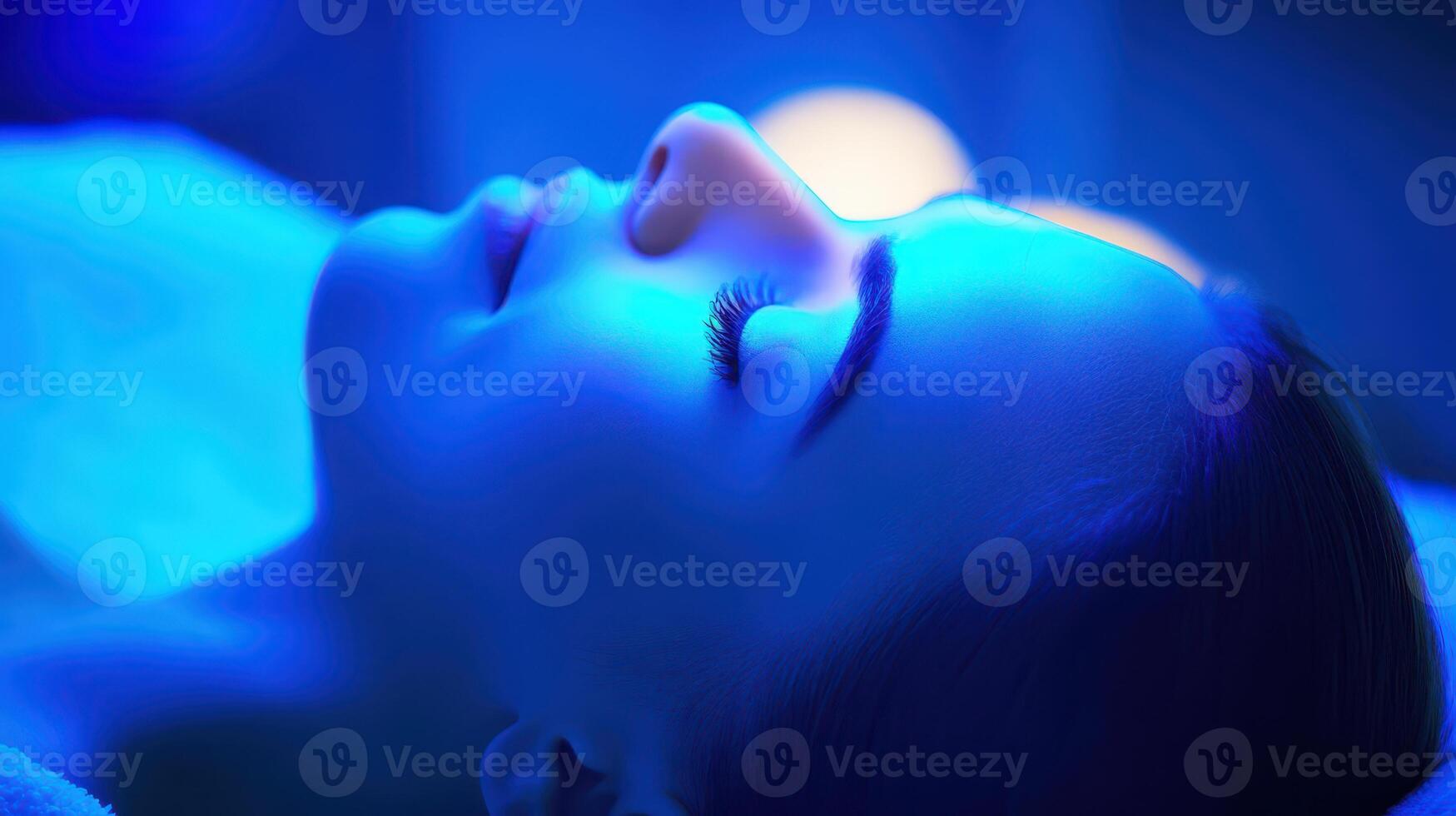 A woman in a blue light is getting a facial photo