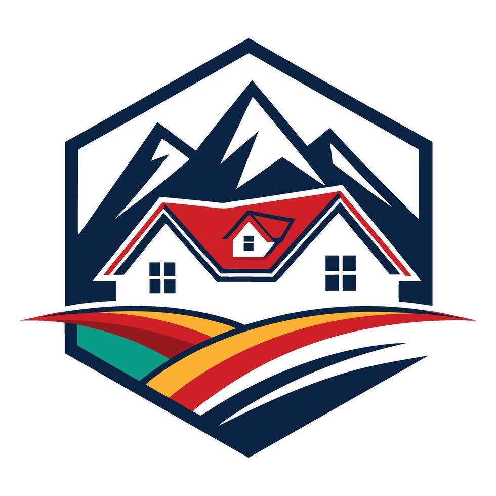 a logo of a house with mountains in the background vector
