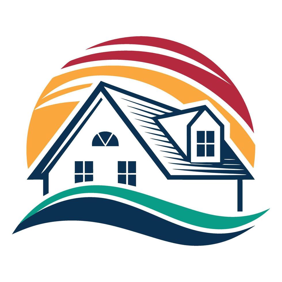 house with sun and waves logo vector