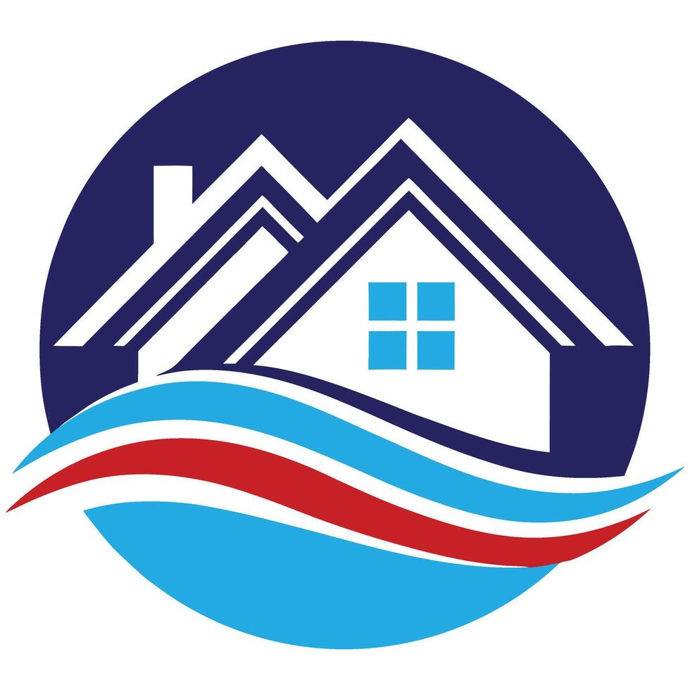 a house with waves and a blue and red logo vector