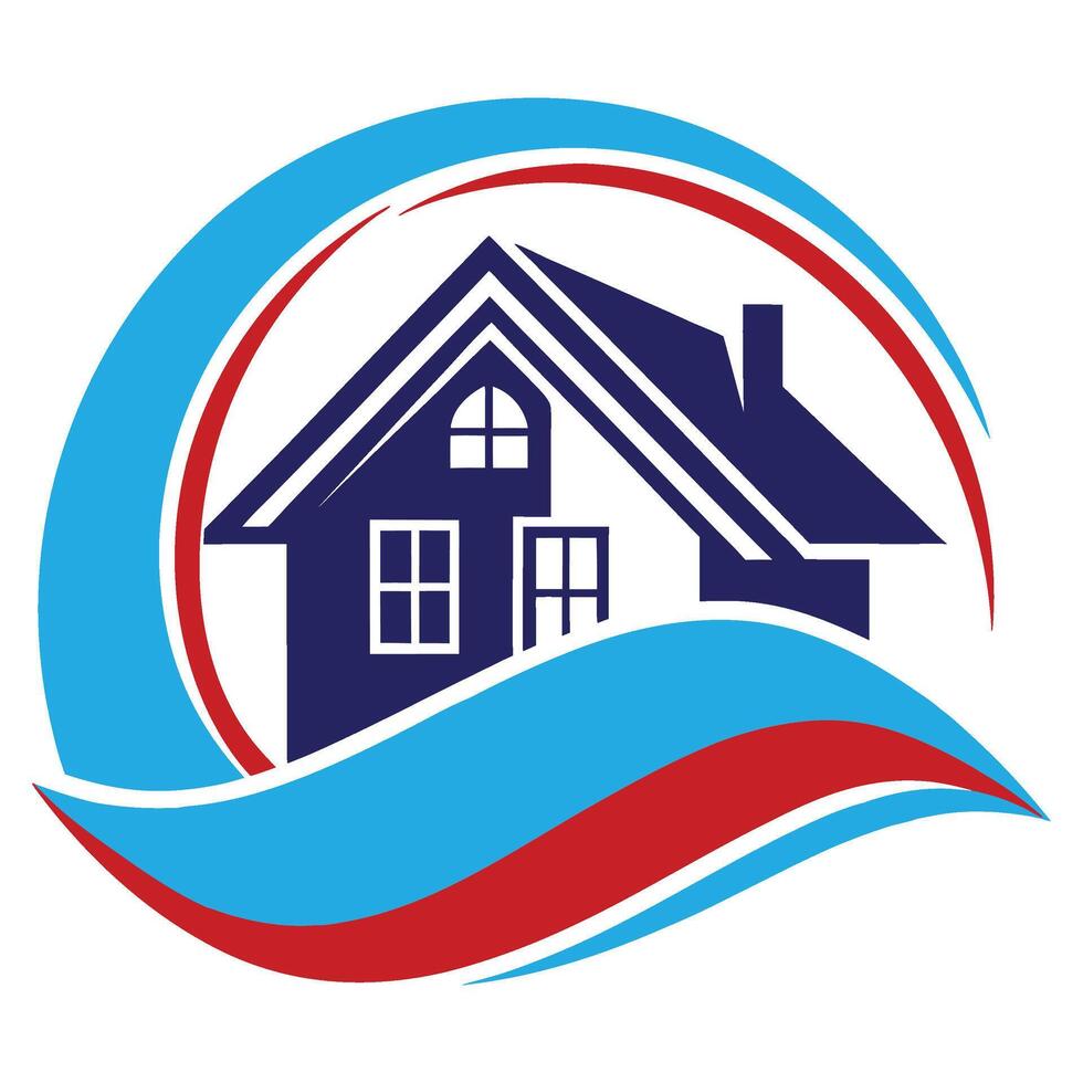 a house logo with waves and a blue and red wave vector