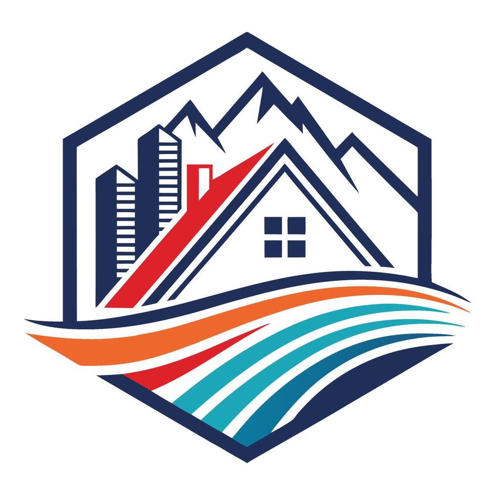 a house with mountains and waves in the background vector