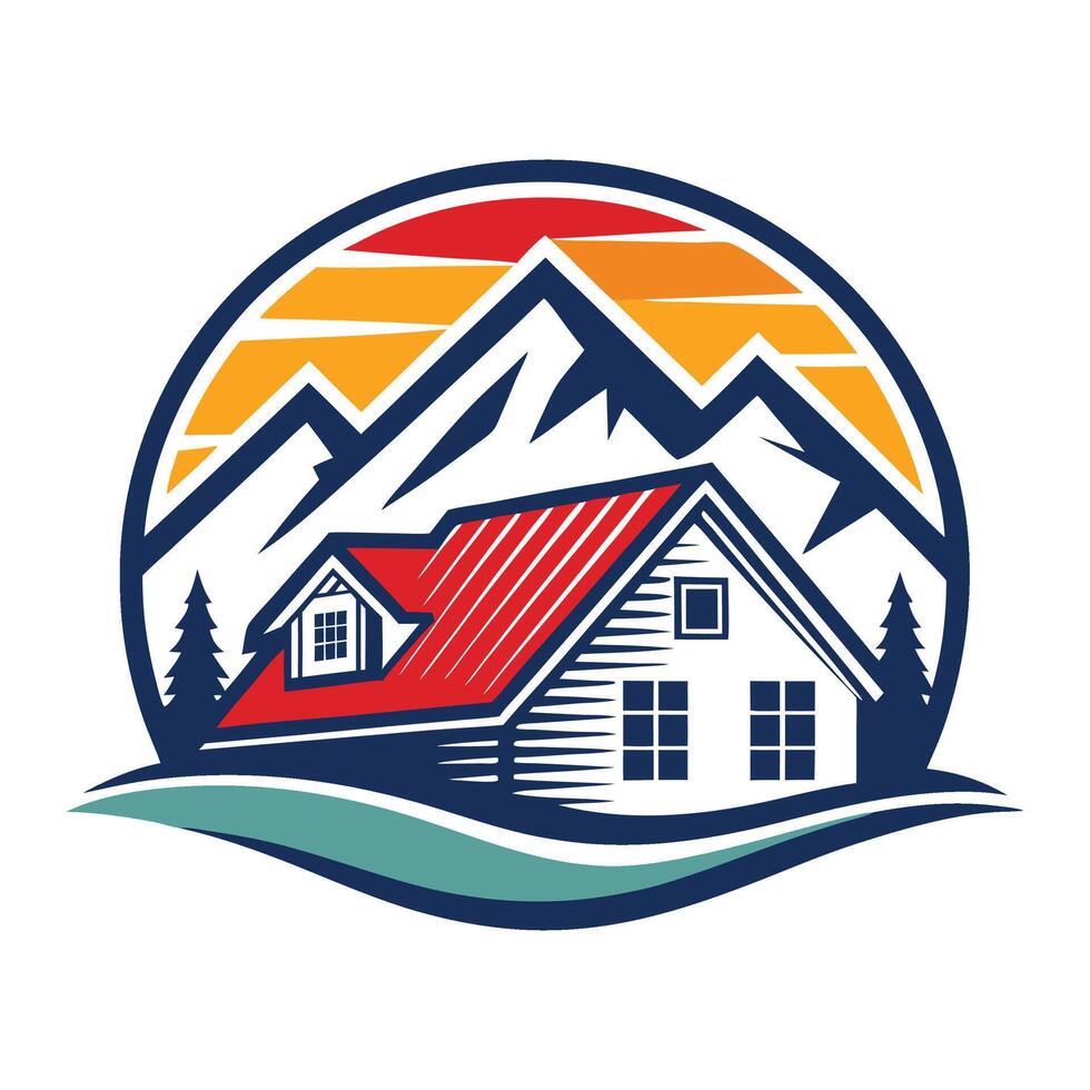 a house logo with a red roof and mountains in the background vector
