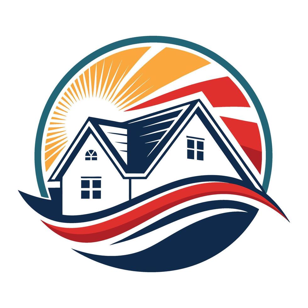a house logo design with a sun and waves on it vector