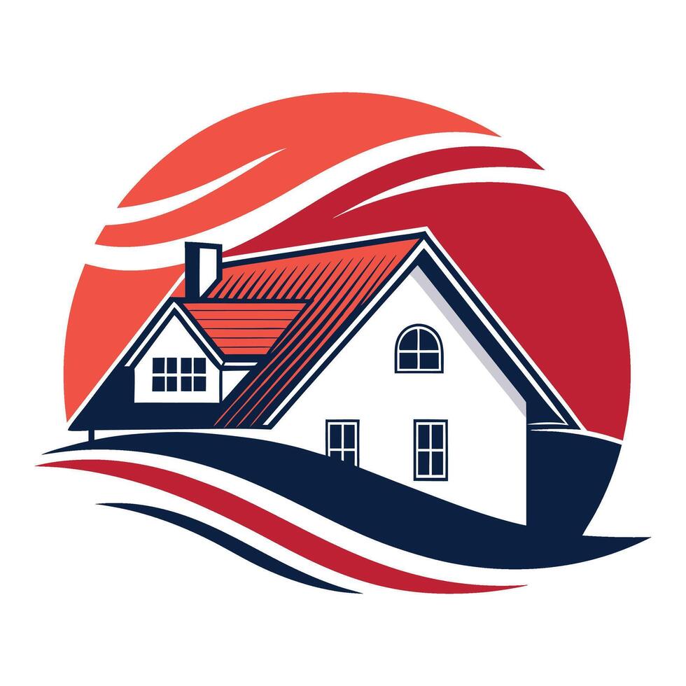 house with red roof and waves on white background vector