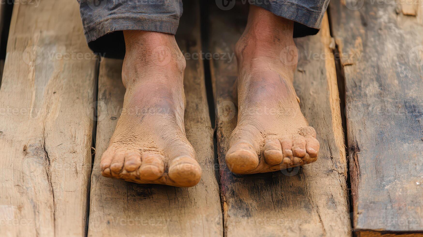 A person's bare feet on a wooden floor photo