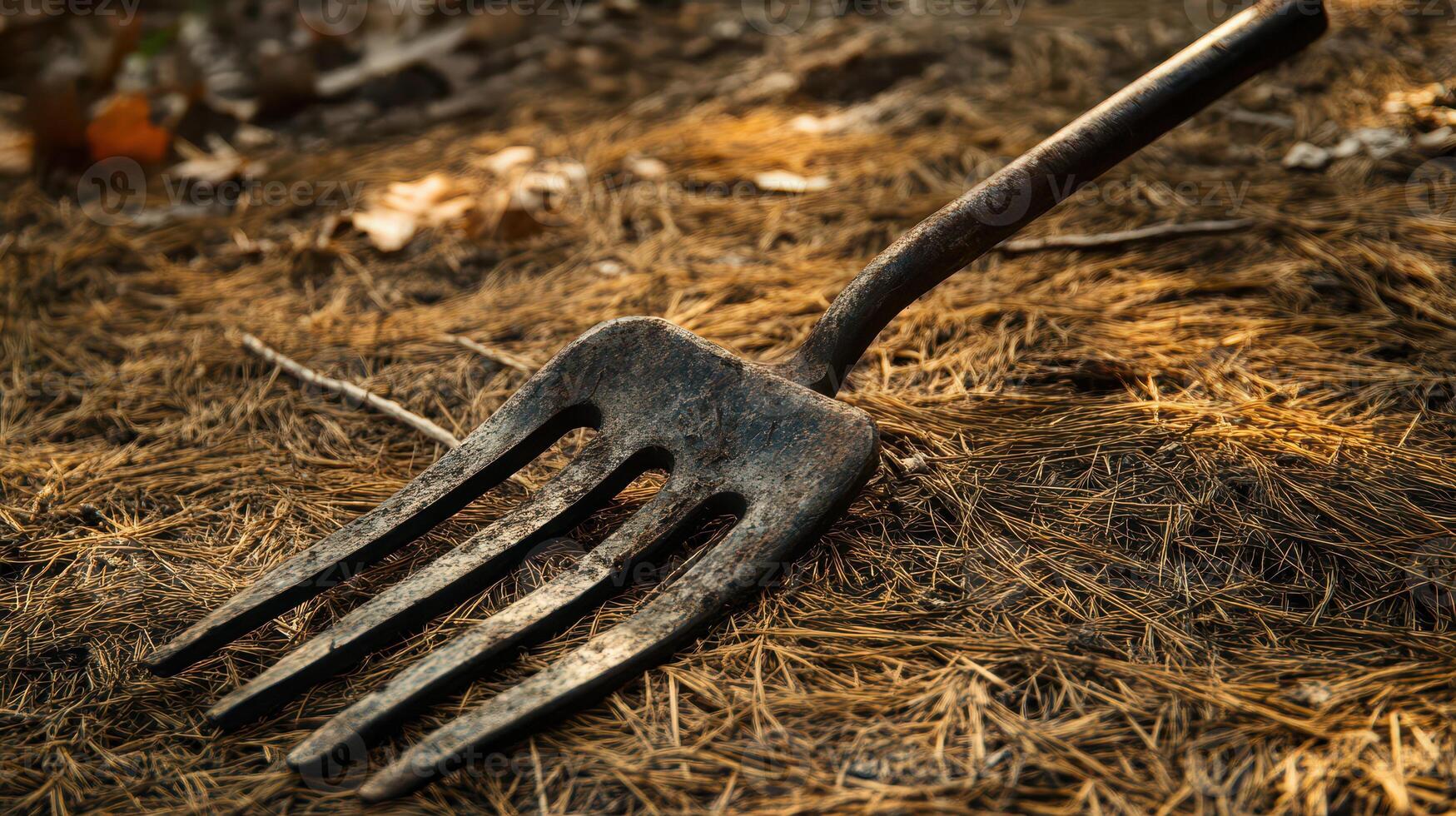 An old fork laying on the ground in the woods photo