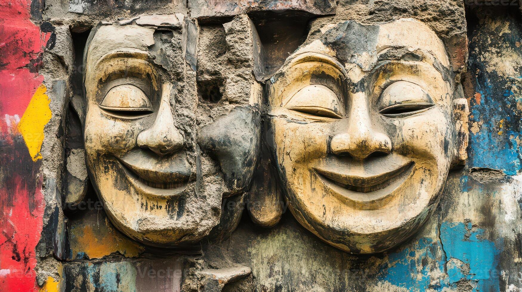 Two wooden faces on a wall with colorful paint photo