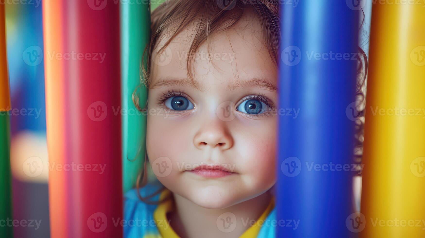 A young child peeking through the bars of a play structure photo