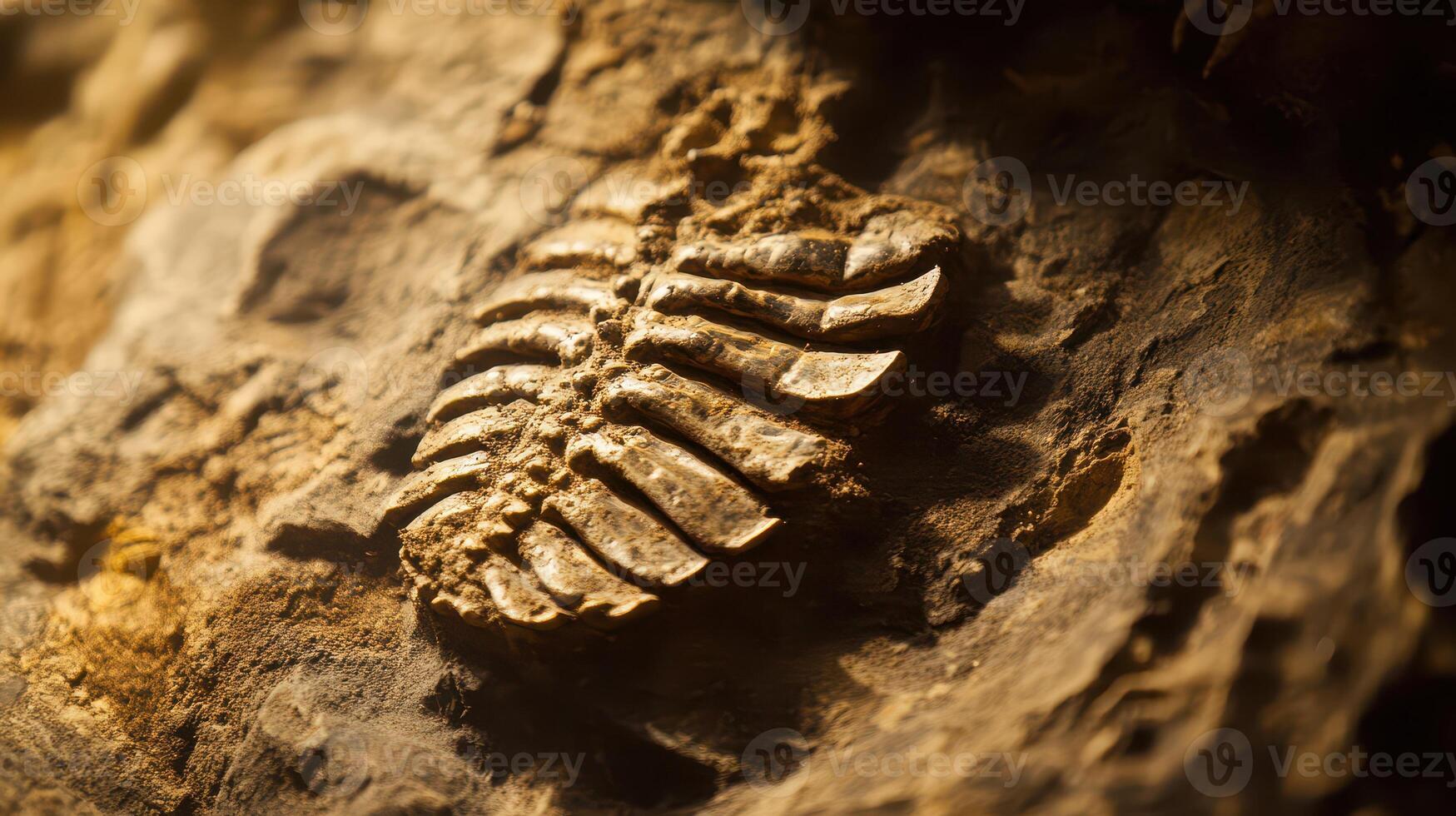 A fossilized skeleton is on display in a cave photo