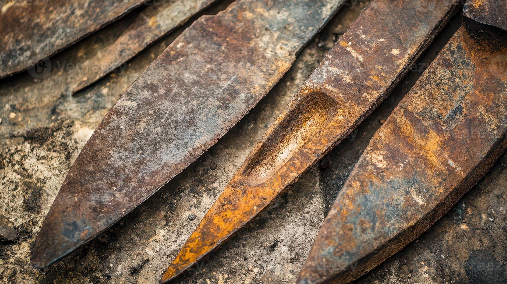 A close up of a bunch of rusty knives photo