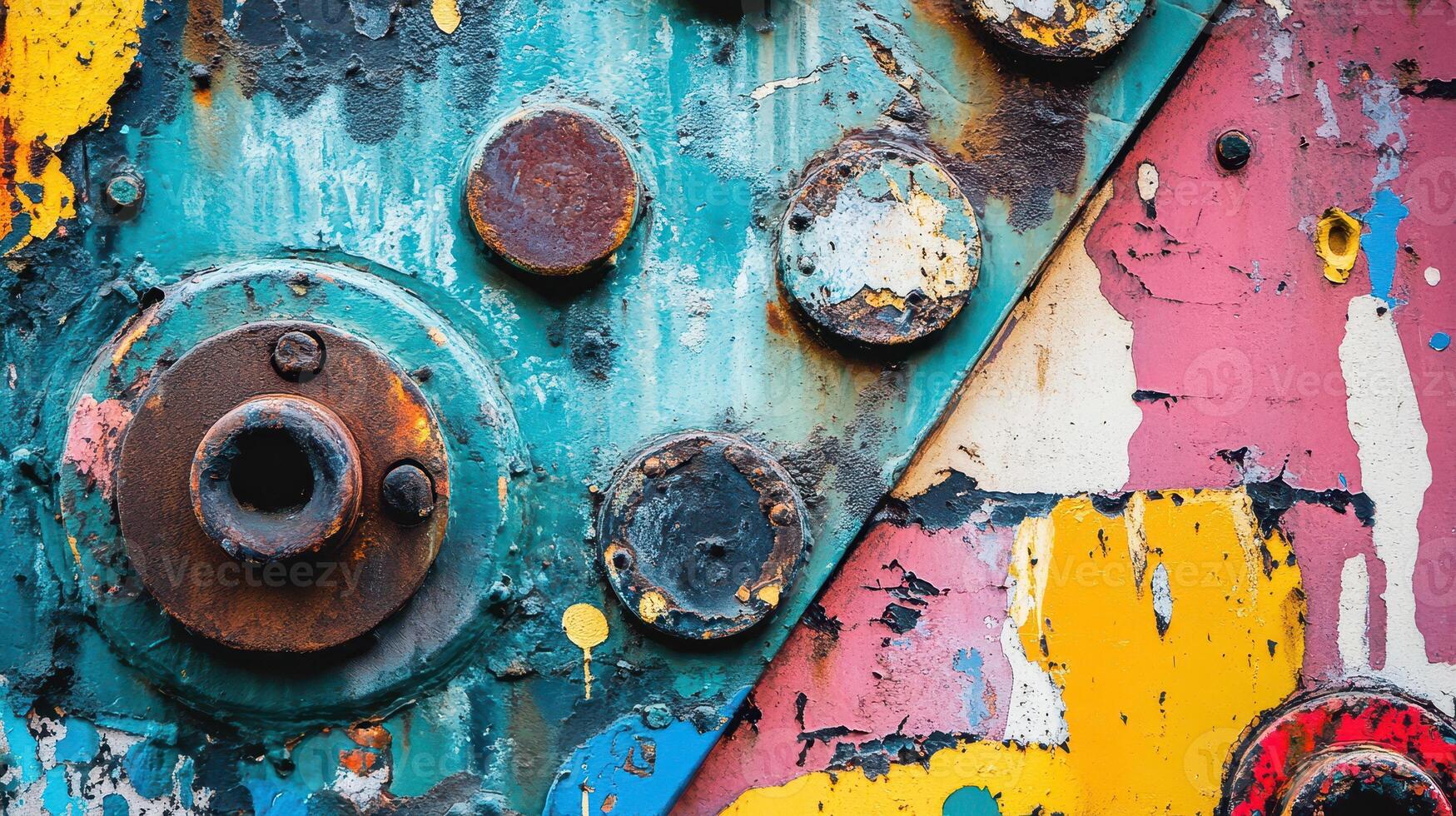 A close up of a colorful painted wall with many holes photo