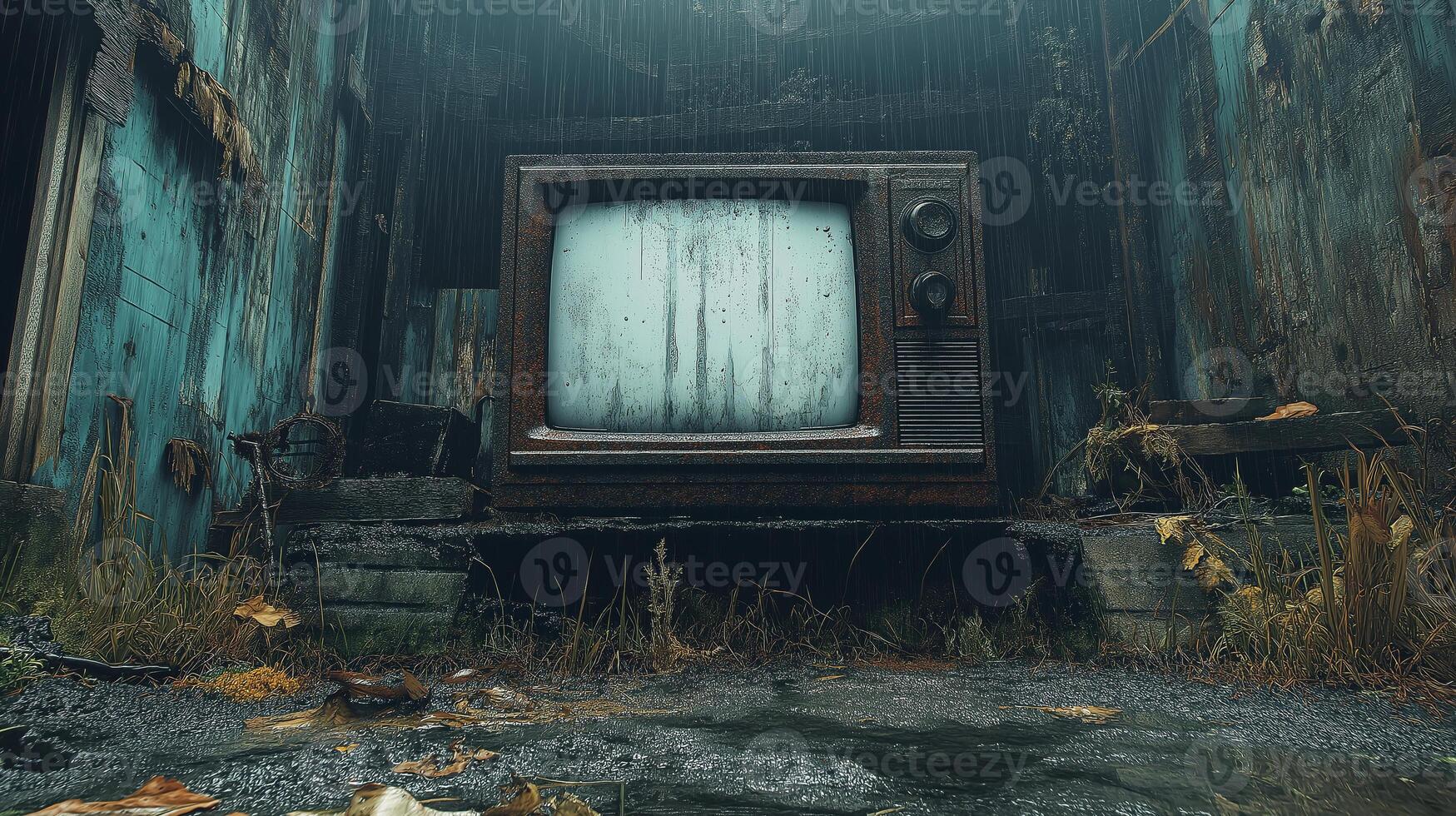 Dirty and old TV against the backdrop of a creepy abandoned basement photo