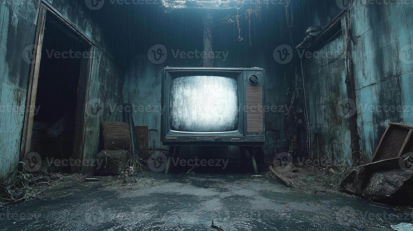 A dirty and old TV plays white noise in an abandoned basement photo