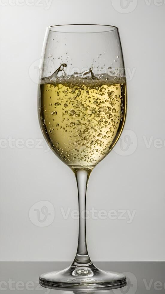A glass of white wine with bubbles on the surface photo