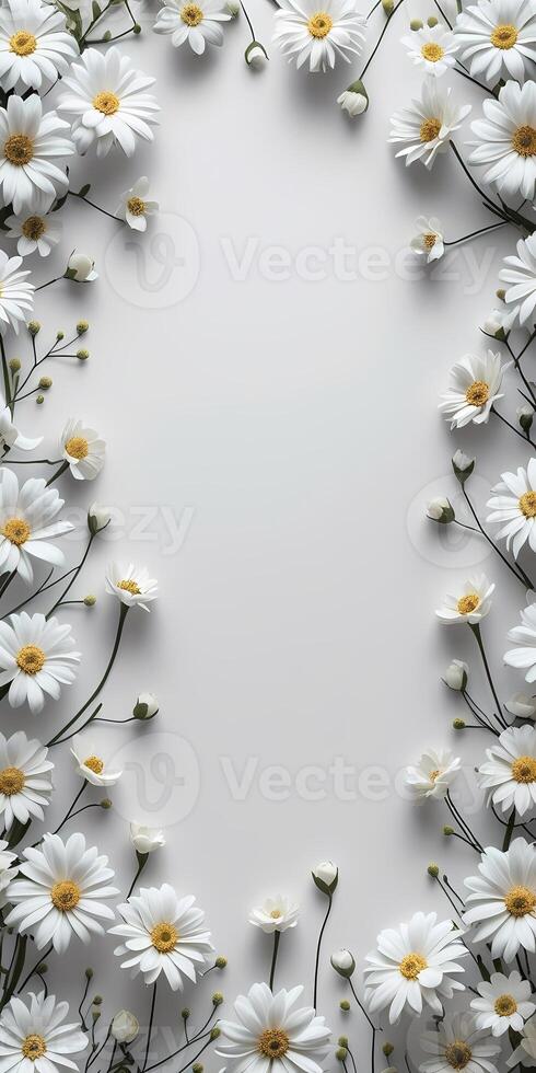 White daisies are arranged in a circle on a white background photo