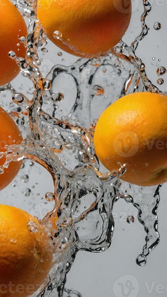 A group of oranges being splashed with water photo