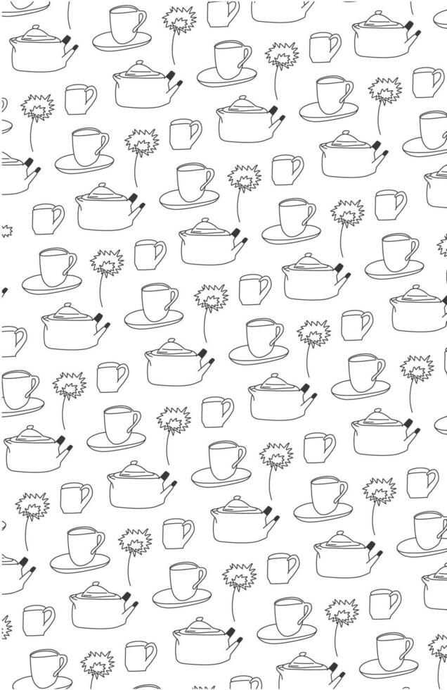 Repeated Mug, cup,tea kettle daisy flower line art black white pattern. Fabric textile wrapping paper vector
