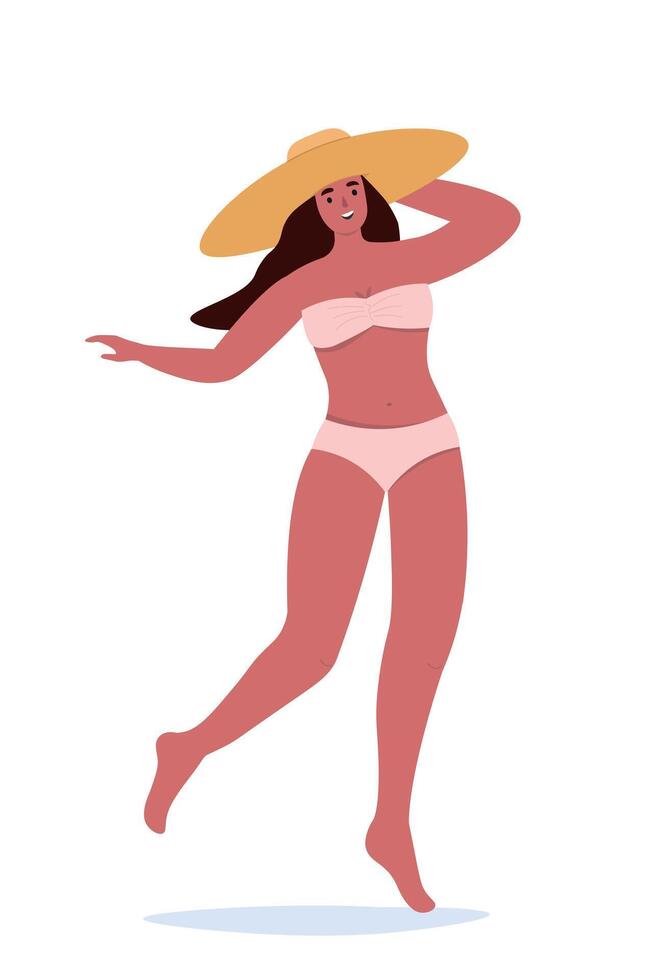 A young beautiful slender girl in a swimsuit and hat. Happy woman on vacation in summer. flat graphics. vector
