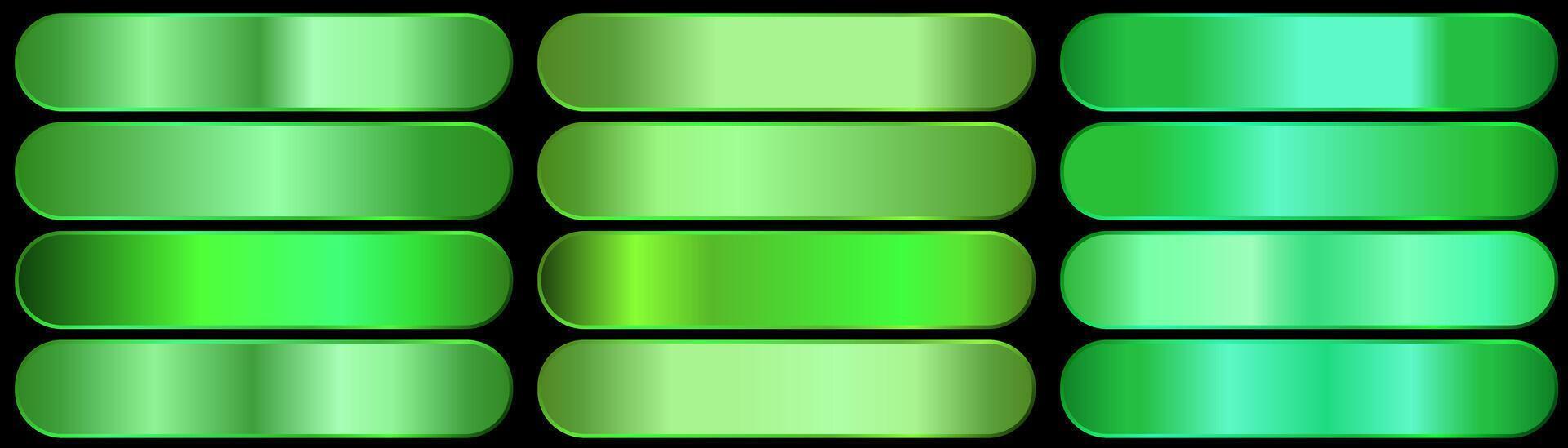 Green metallic gradients swatch set, set of extended gradients on black background vector