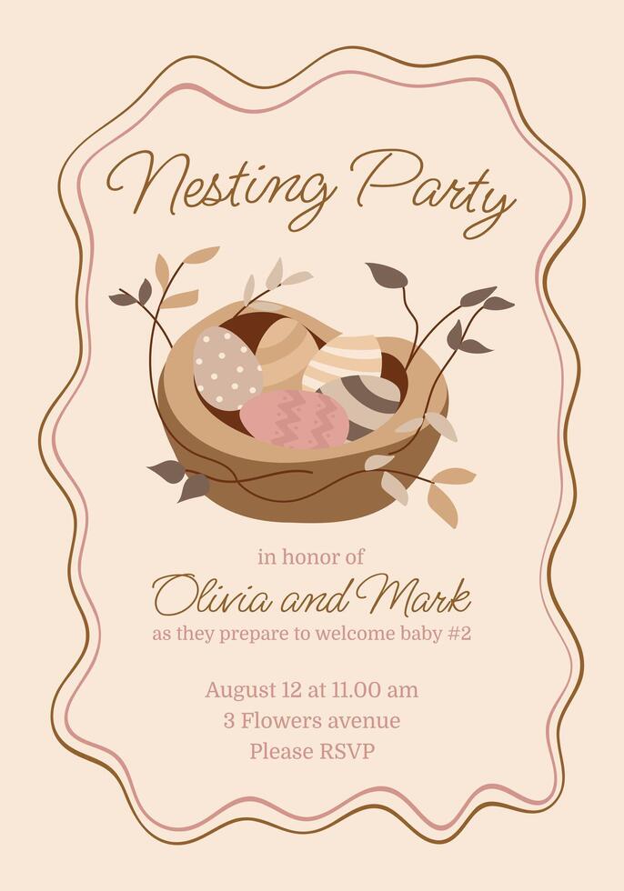 Nesting party invitation with a basket of eggs and a bird vector