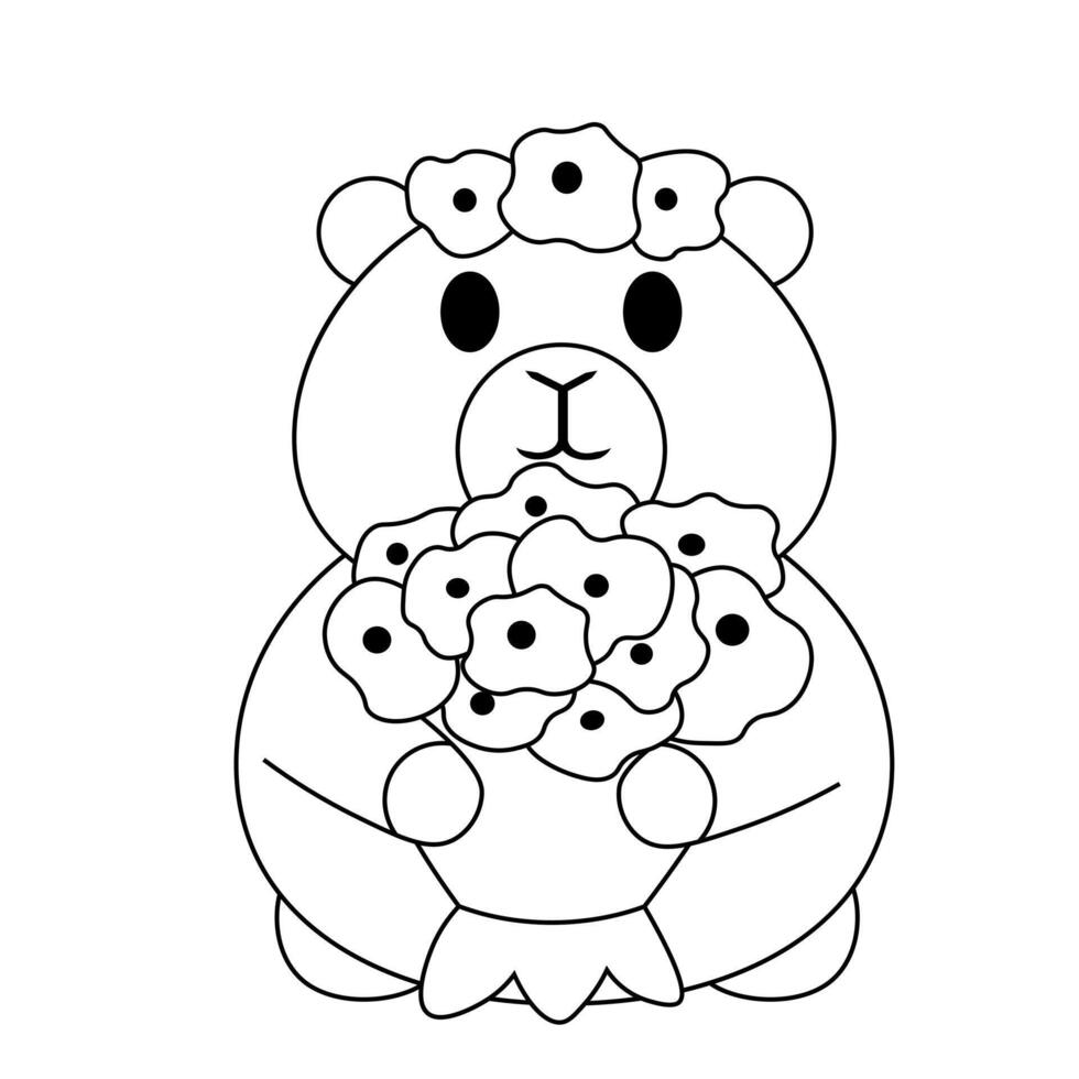 Cute Capybara with Bouquet in black and white vector