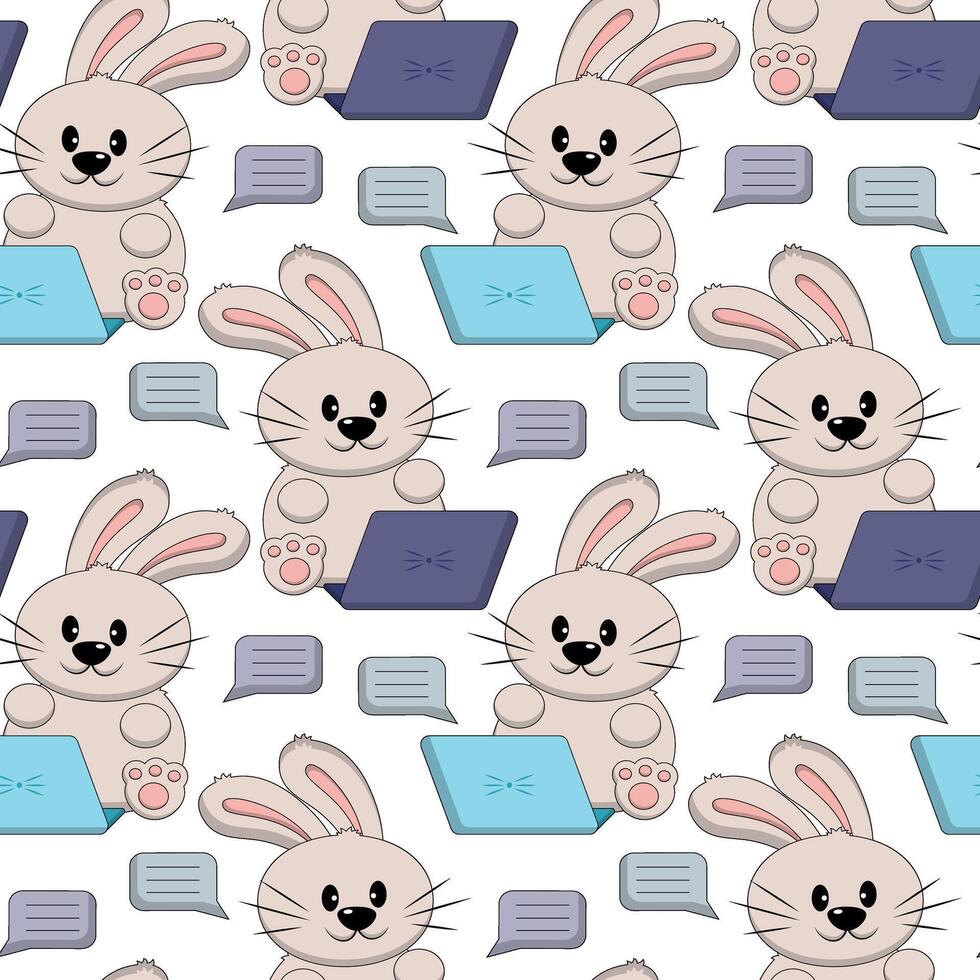 Seamless pattern with Cute Rabbit with laptop vector
