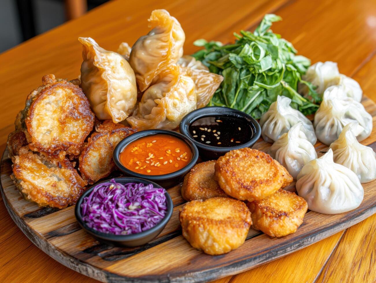 beautifully arranged platter of dim sum with dipping sauces, showcasing various textures and photo