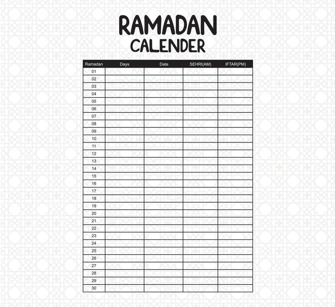 Ramadan Calendar Template stock Illustration. Islamic calendar template. vector