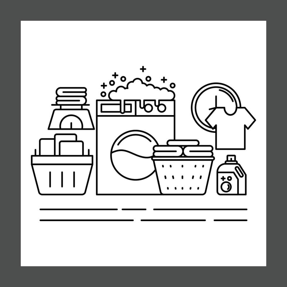 A collection of laundry-related items including a washing machine with bubbles, two laundry baskets filled with clothes, a bottle of detergent, and a clock vector