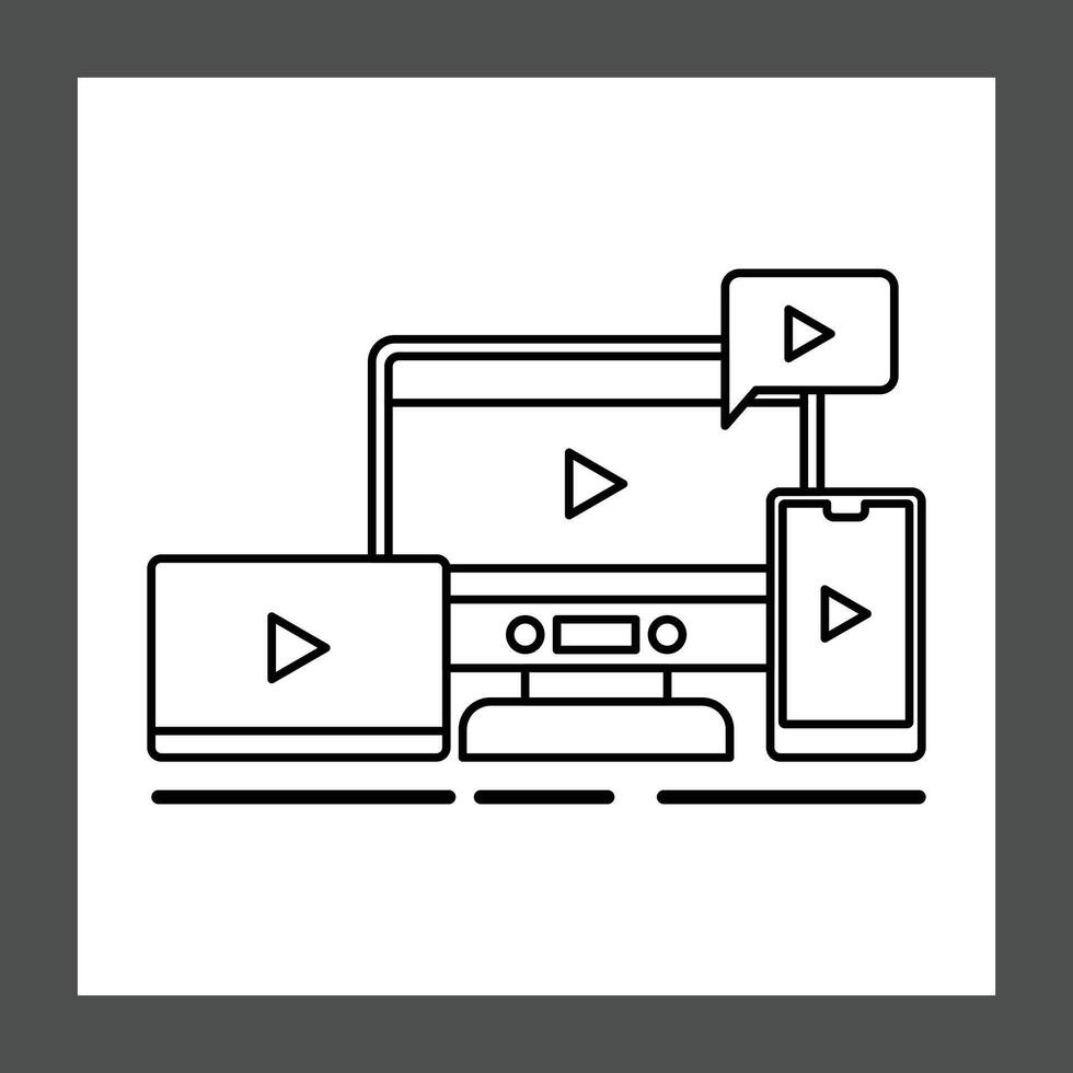 A minimalist design featuring a desktop computer, a laptop, and a smartphone, all displaying play buttons vector