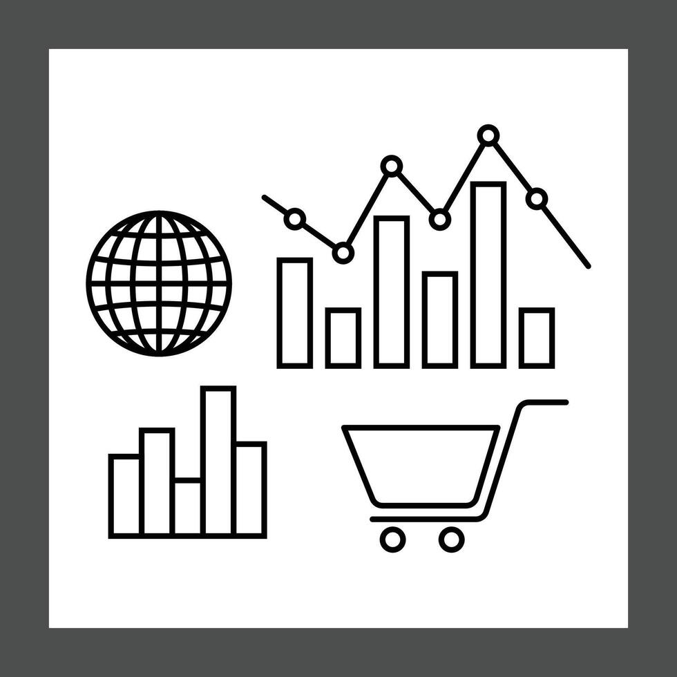 A simple black and white graphic design displays various business charts and icons vector