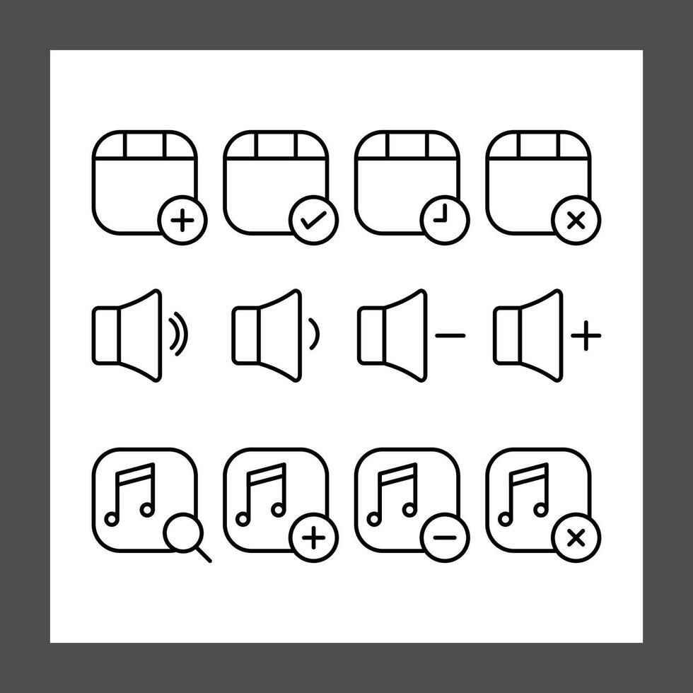 A grid of simple line icons representing various functions. The top row includes icons for adding, checking, timing, and deleting vector