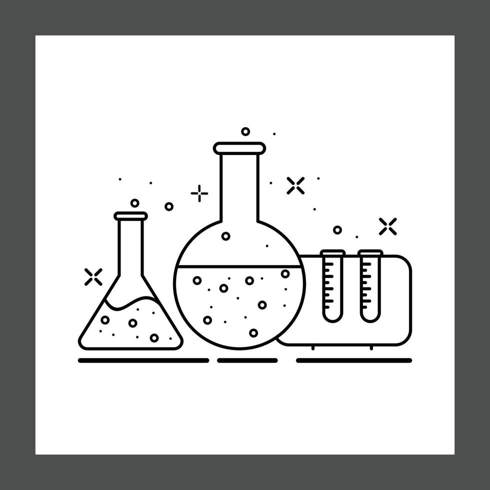 Three laboratory glassware pieces, including a conical flask, a round-bottom flask, and a graduated cylinder, all filled with liquid and featuring bubbles vector