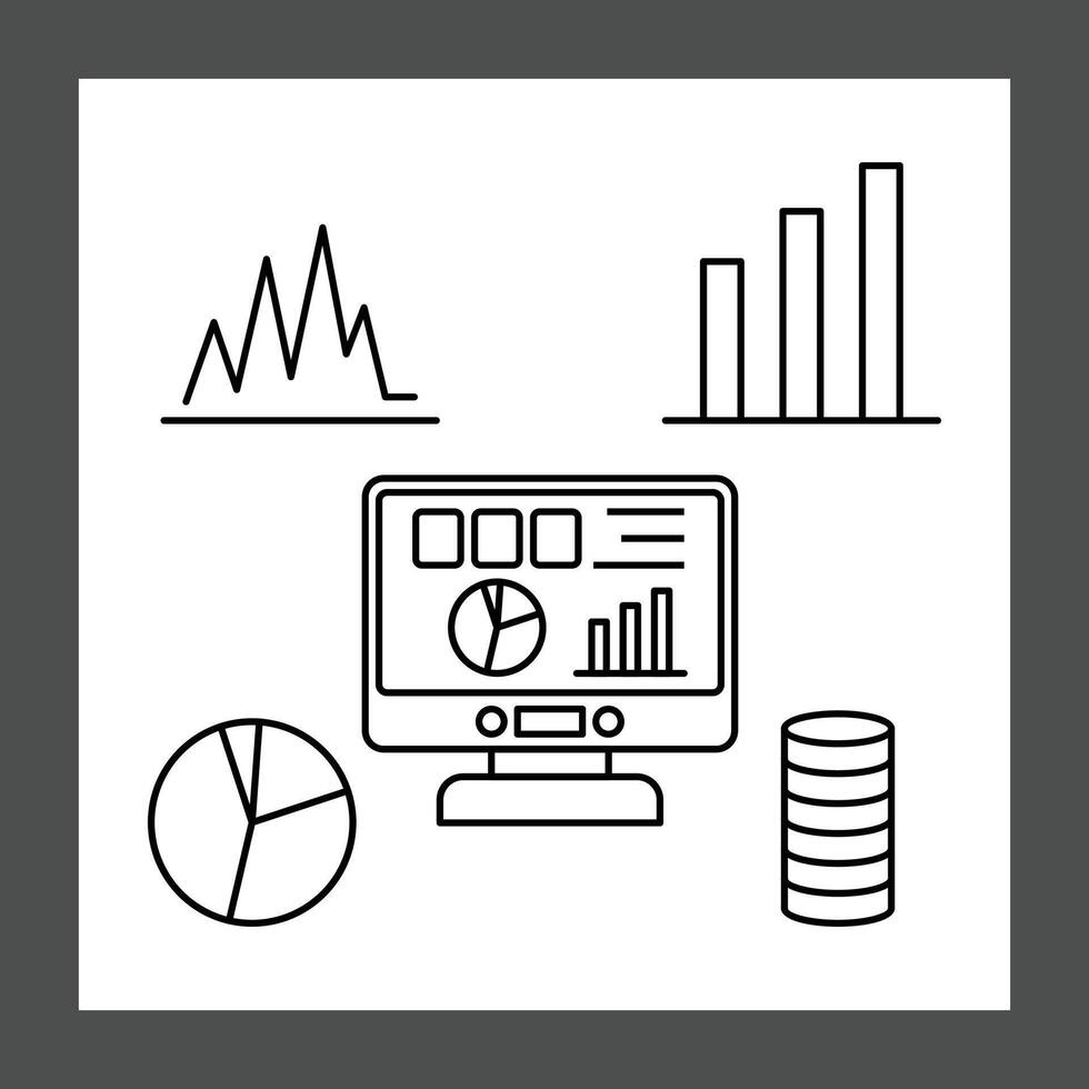A computer monitor displaying various graphs and charts, including a pie chart and bar graphs vector